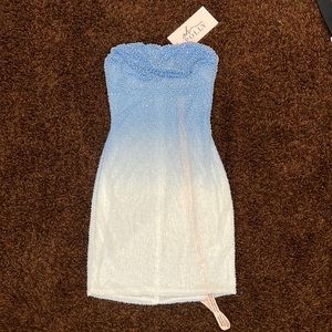 Embellished Strapless Mini Dress in Blue and White